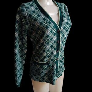 Medium Vintage 1960's Mod Cardigan Sweater Top Green Plaid Long Sleeves V-Neck